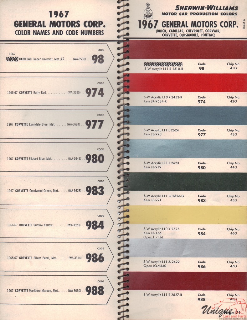 1967 General Motors Paint Charts Williams 6
